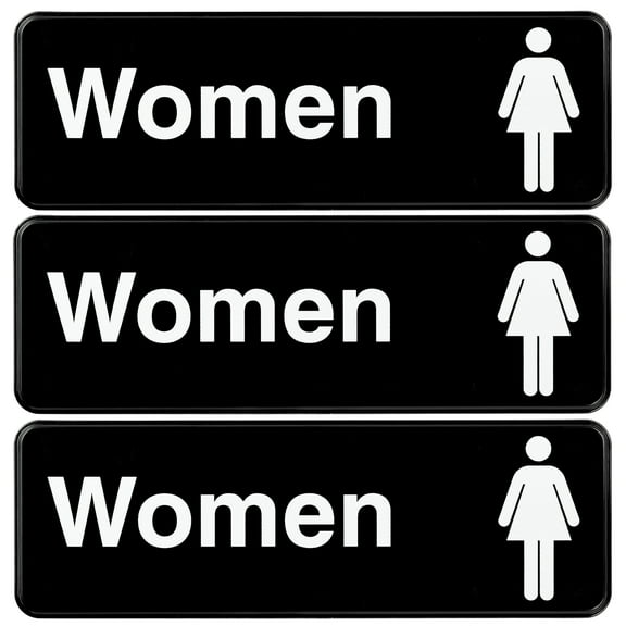 Excello Global Products Easy to Mount 9 by 3 in Informative Plastic Women Restroom Sign with Symbols, Black, Pack of 3 - EGP-HD-0252