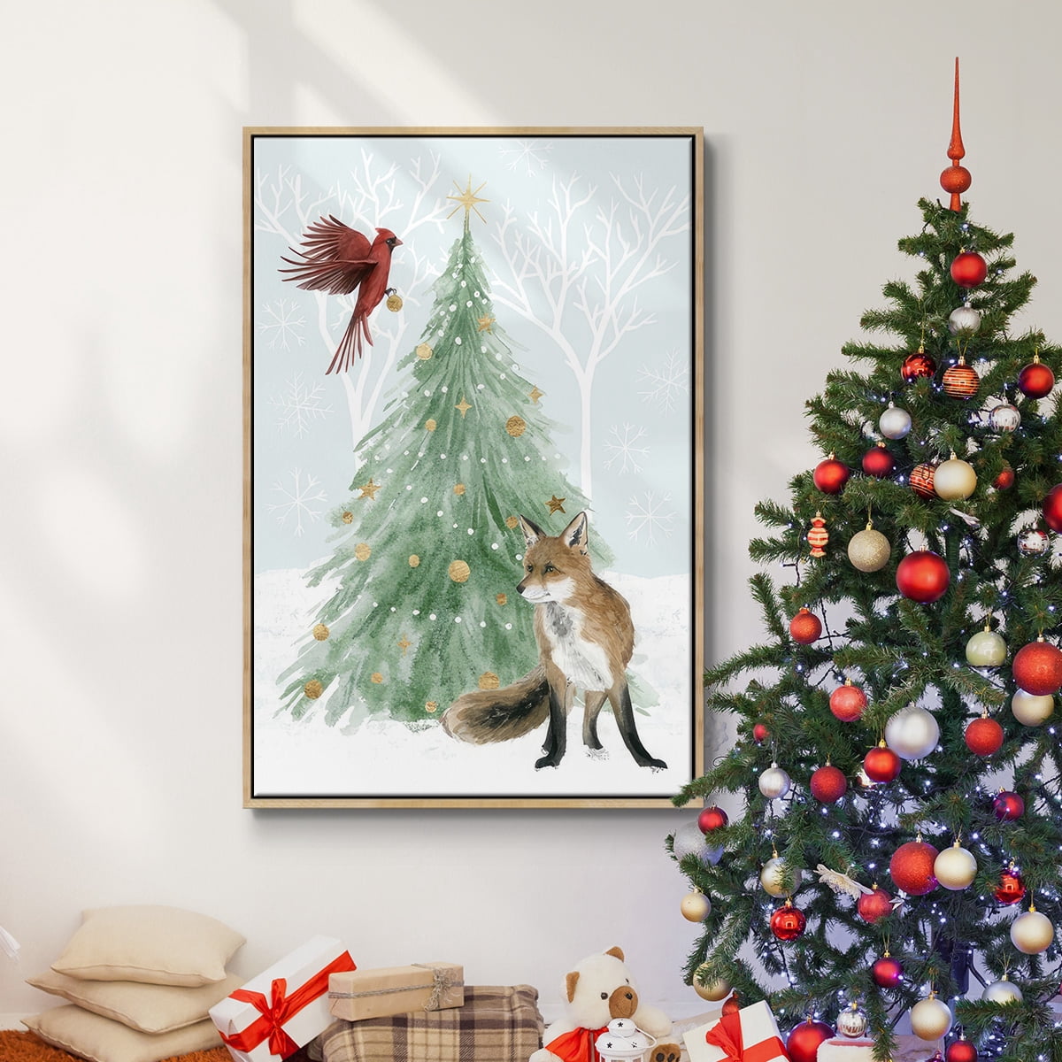 Christmas in the Forest Collection B - Framed Gallery Wrapped Holiday Canvas - 25 x 37 - Natural Wood Frame