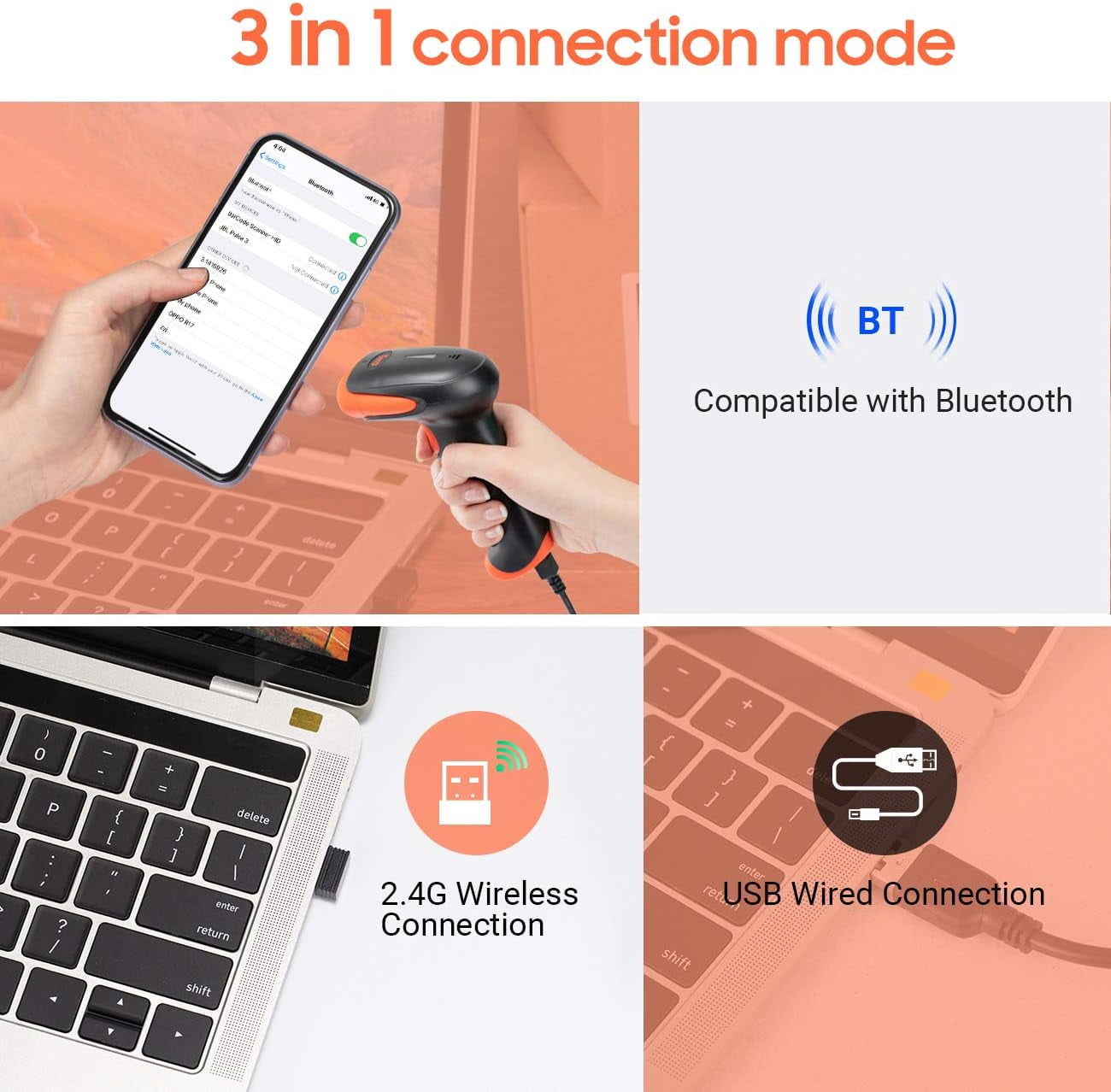 Wireless 2D QR Barcode Scanner with Stand, 3 in 1 Compatible with Bluetooth & 2.4GHz Wireless & USB Wired Barcode Reader Handheld Bar Code Reader HW0001
