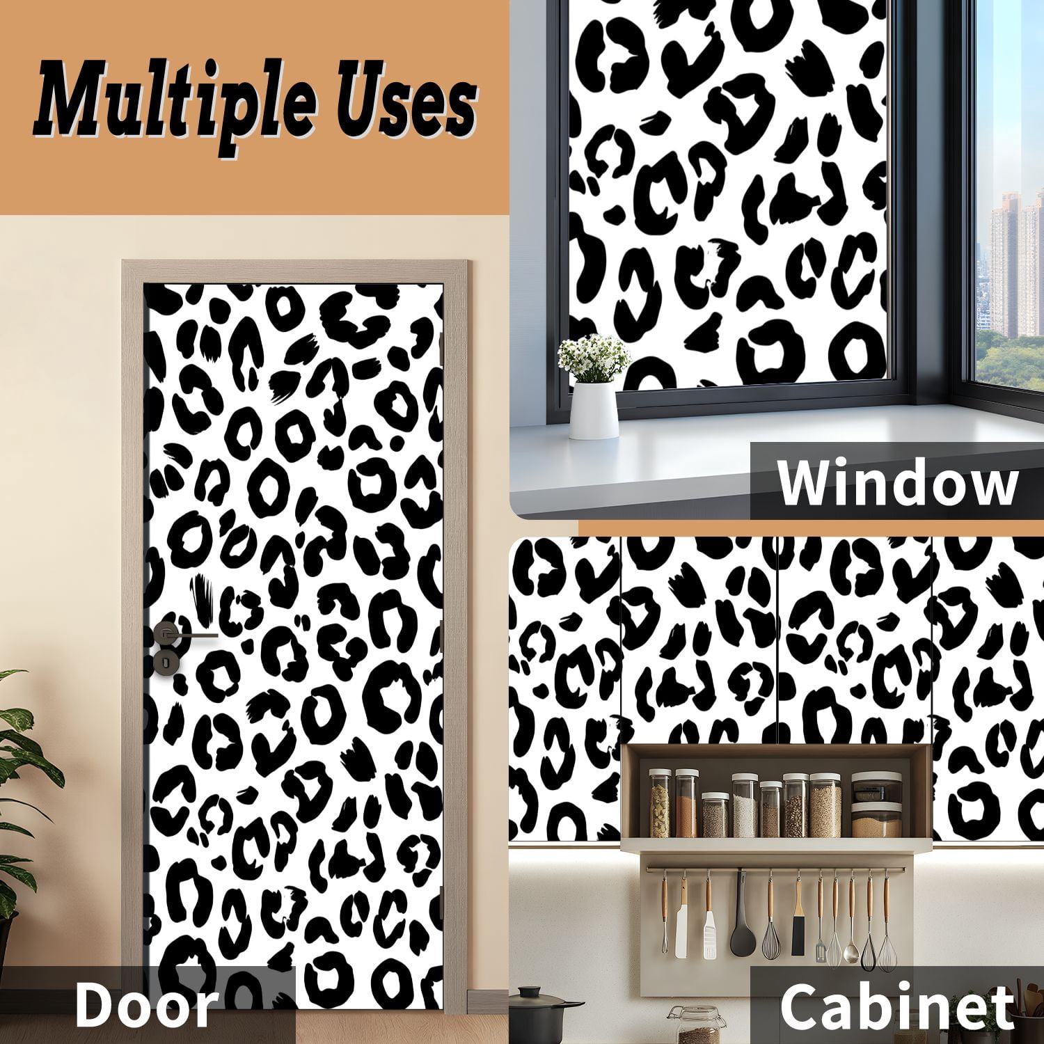 Self Adhesive Vinyl Refrigerator Wrap Set Abstract Black White Leopard Print Bold Spots Door Mural Removable Fridge Sticker Peel and Stick&nbsp;Full Door Cover Decal Kitchen Bar Decor