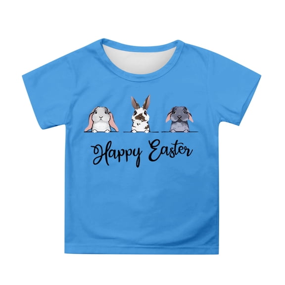 Likimi Kids Child Girls Boys Tops Easter Letter Print Short Sleeve Loose Fit Crew Neck Fashionable Shirts Sky Blue Size 10-11 Years