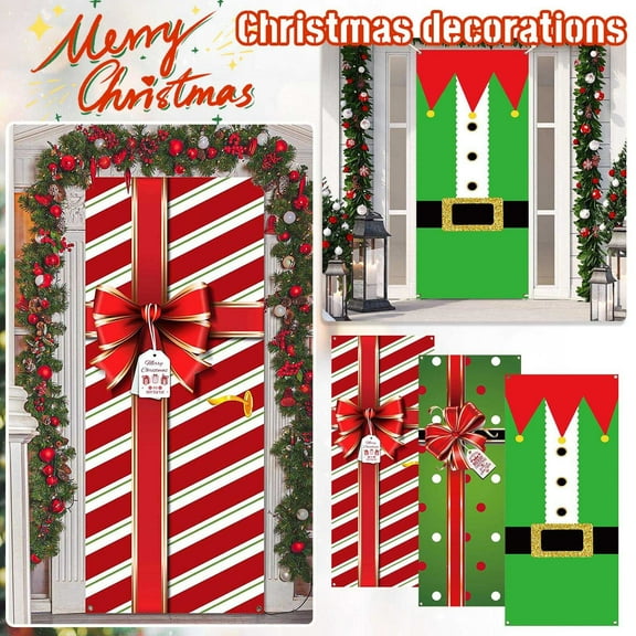 Large Decorative Door Banner for Holiday Parties Gift Wrap Style Photography Decoration Christmas Backdrop for Indoor Outdoor Events(3Pcs)