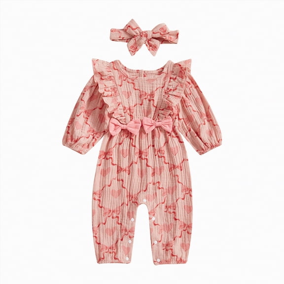 CAICJ98 Valentine's Day Outfit Newborn Baby Girl Clothes Heart Onesie Ruffle Long Sleeve Bow Jumpsuit Infant Cute Romper (Red,3-6 Months)