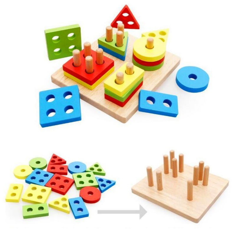 Wooden Geometric Shapes Block Board Educational Sorting Stacking Toys Z 