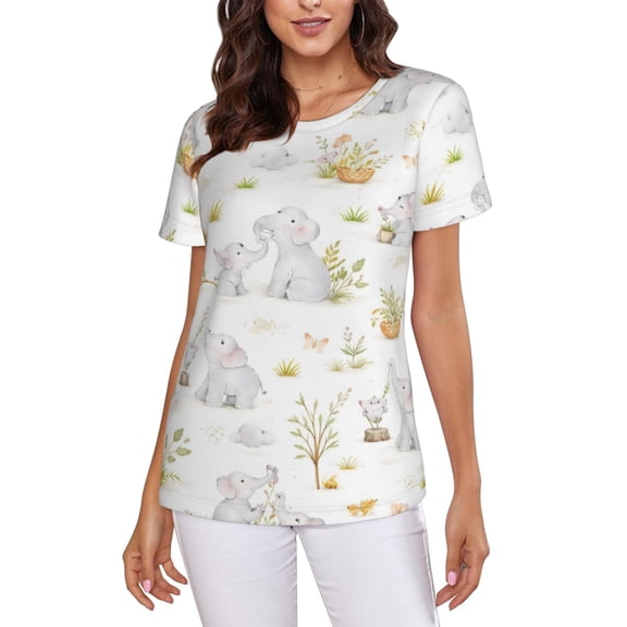 Elephant Motif T-Shirt Crew Neck Short Sleeve Full-Print for Women