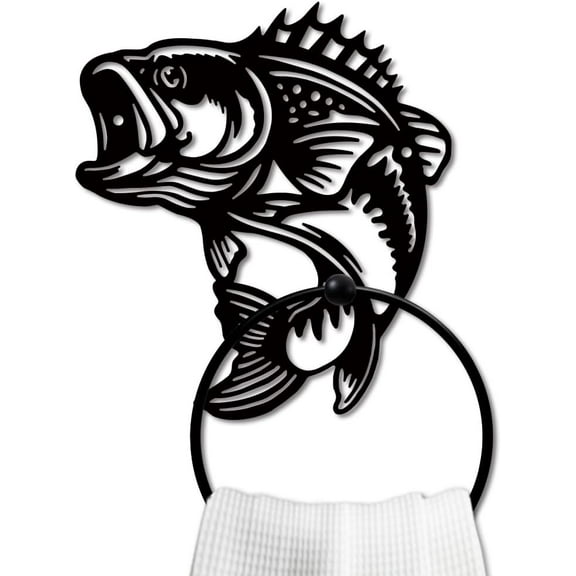Fish Metal Towel Ring Fishing Theme Towel Holder Animal Bath Towel Ring for Wall Black Art Towel Rack Wall Mounted for Bathroom Kitchen Towel Hanger Home Decors Gift diy