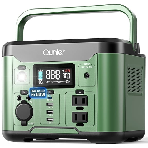 Qunler 300W Portable Power Station 296Wh with 120V AC, 60W PD Fast Charge, for Camping, RV, Home Emergency (No Solar Panel)