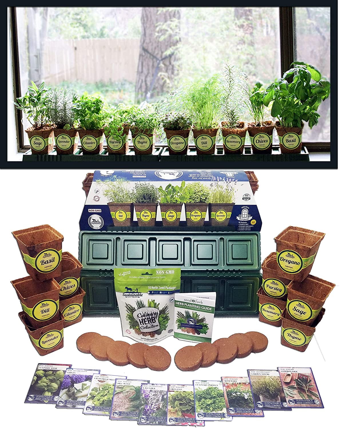 Windowsill Herb Garden Kit Herb Planter Comes Complete with a 10 Variety Non GMO Heirloom Herb Seed Collection & Herb Pots.