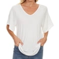 thumbnail image 4 of Olyvenn Fashion Women's Summer Cold Shoulder T-Shirt Casual Short Sleeve V Neck Blouse Top Side Slit Loose Ruffled Blouse Tops White 12, 4 of 5