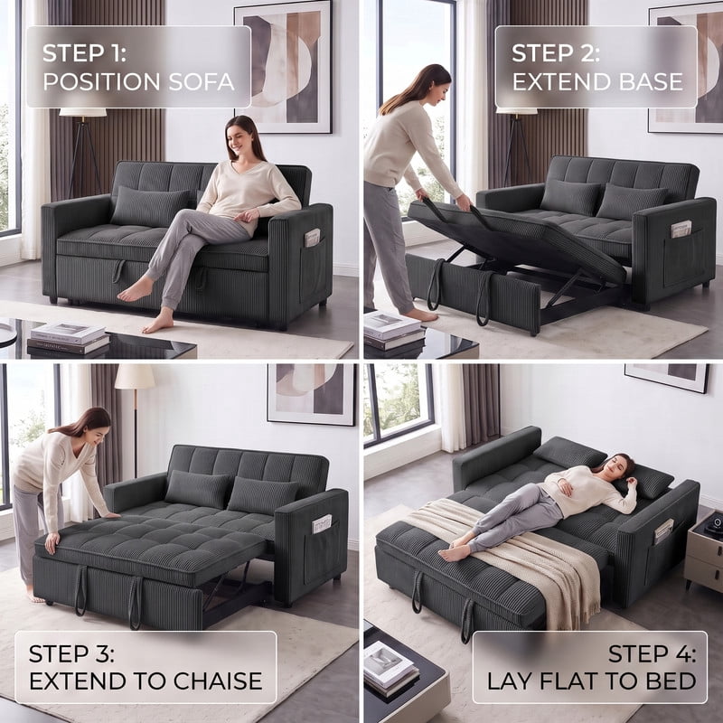 Gewnee 54" Sofa Bed, Convertible Sleeper Sofa & Pull Out Couch with Adjustable Backrest and Storage Pocket, Black(Corduroy)