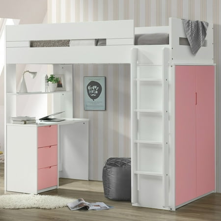 ACME Nerice Twin Loft Bed with Desk and Wardrobe in White ...