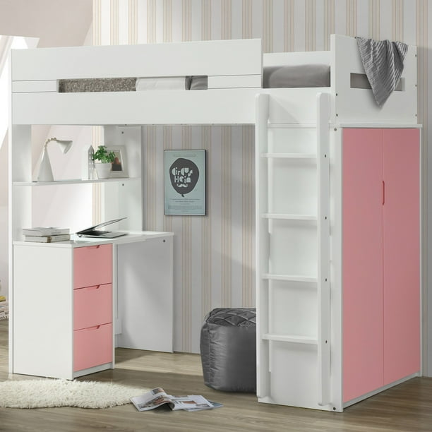 Acme Nerice Twin Loft Bed With Desk And Wardrobe In White