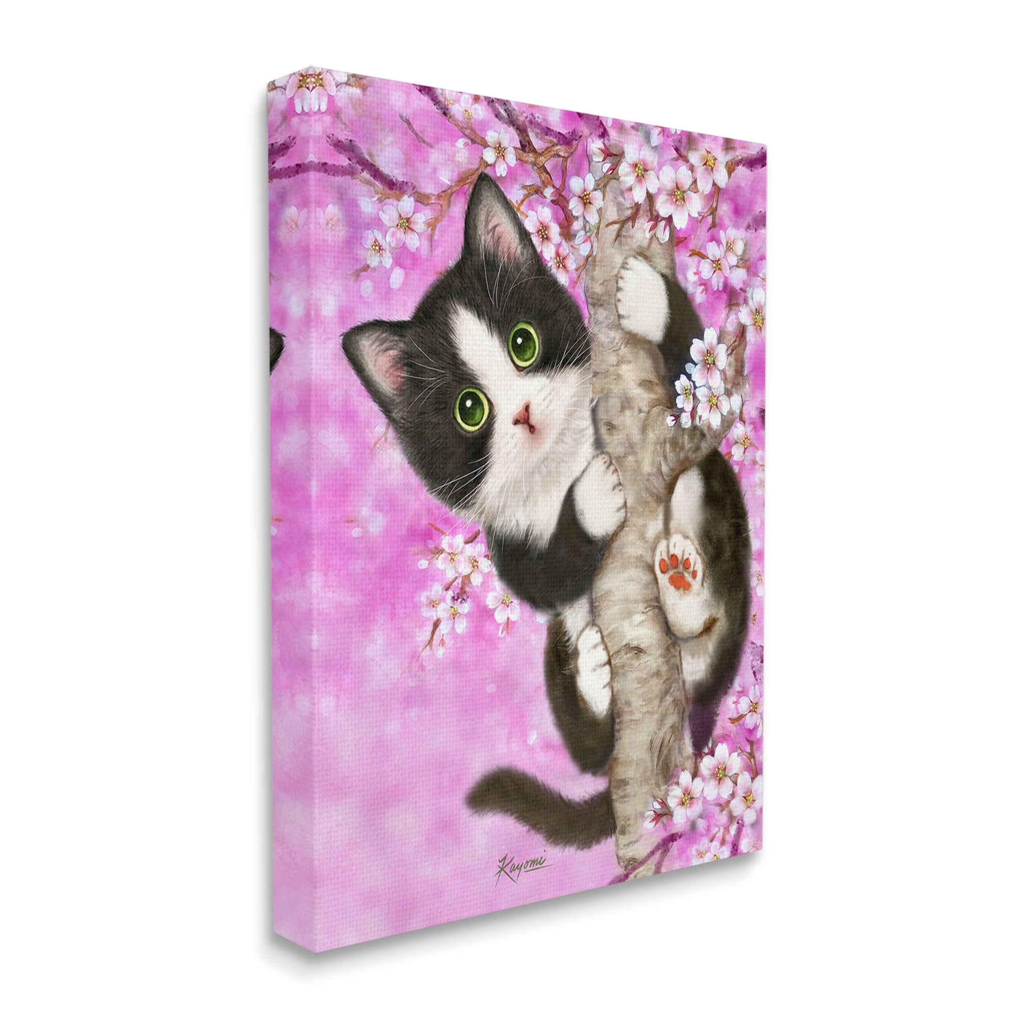 Stupell Industries Kitten & Cherry Blossoms Animals & Insects Painting Gallery Wrapped Canvas Art Print Wall Art, 16 x 20