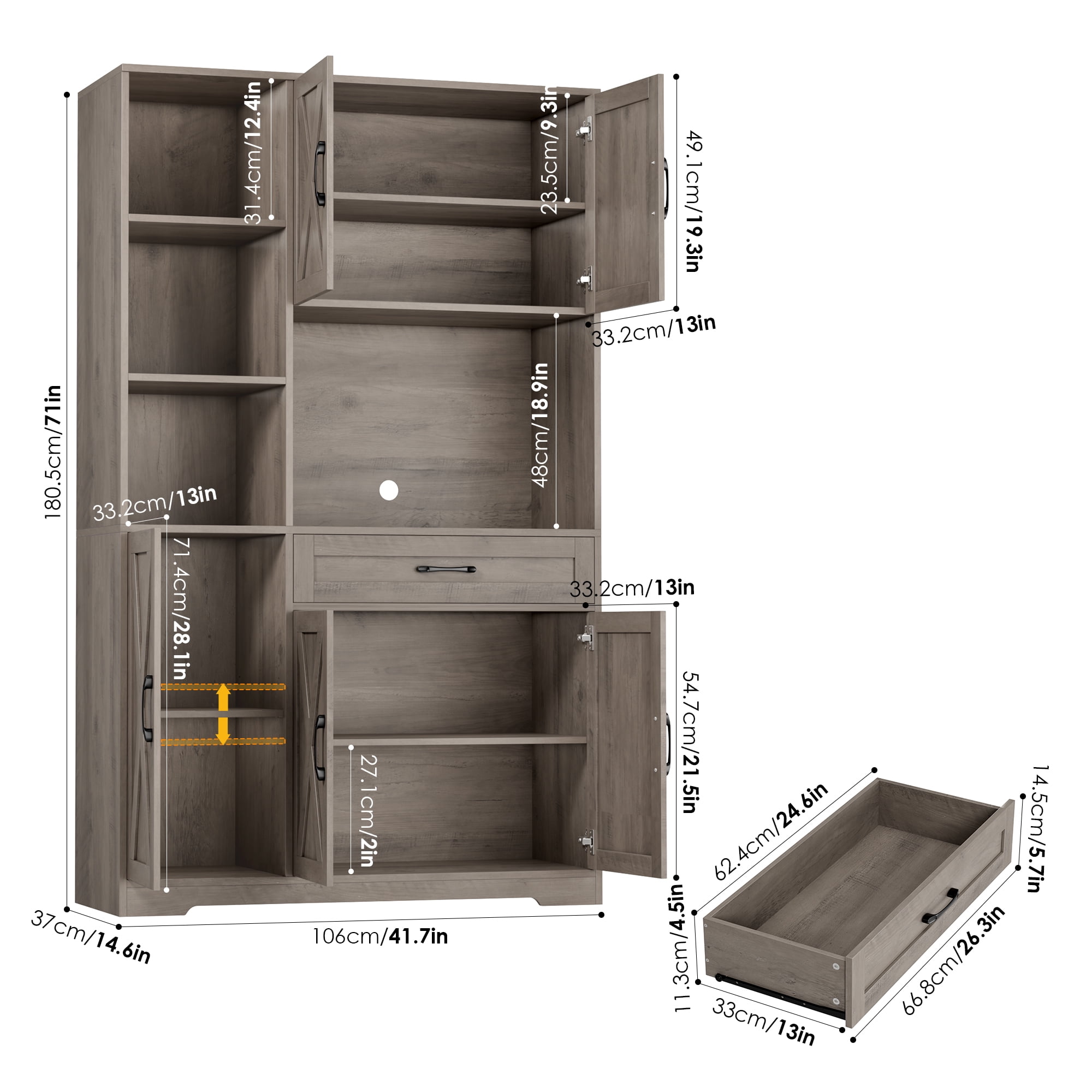 Hiphuta 71"Farmhouse Kitchen Pantry Storage Cabinet, Freestanding Hutch Cabinet with Microwave Stand, Sturdy Pantry Cabinet for Dining Room, Ash Gray
