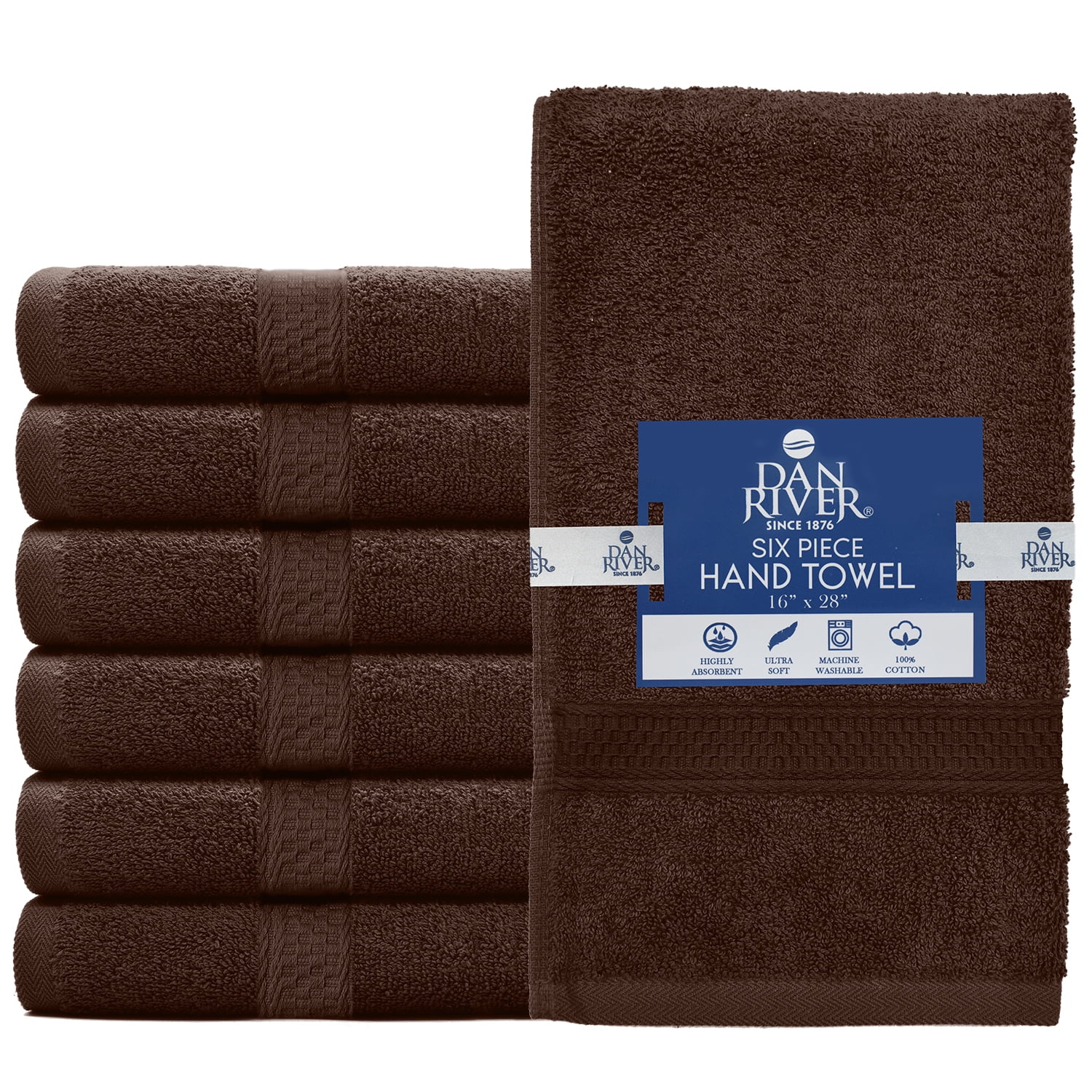 Dan River Hand Towel pack of 6 Quick Dry And Absorbent Cotton Towels for Bathroom - Brown 16x28in