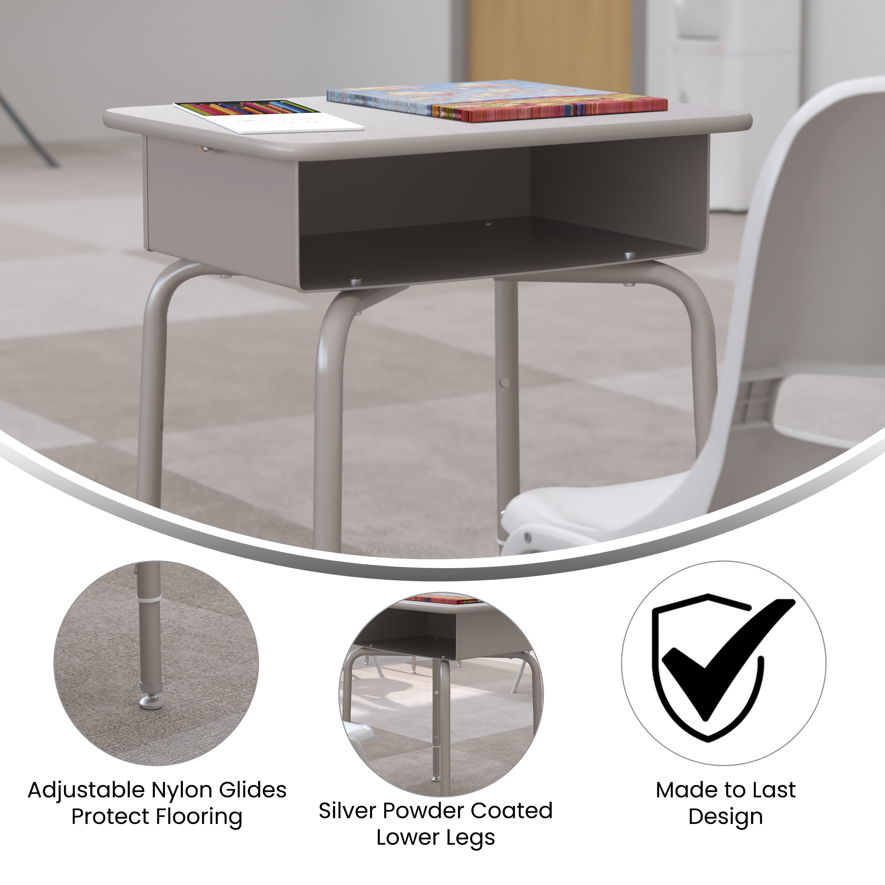 Emma + Oliver Height Adjustable Student Desk with Open Front Metal Book Box, Silver Metal Frame and Gray Granite Finished Desktop