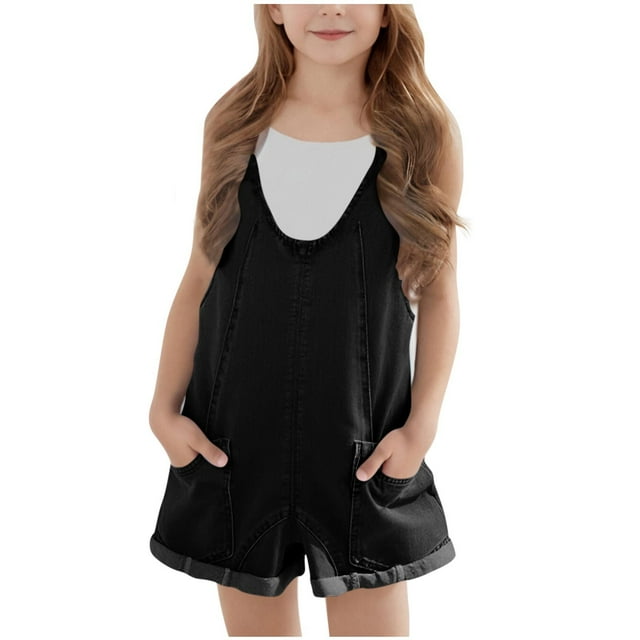 Lenpel Girls' Summer Rompers Casual Sleeveless Adjustable Strap V Neck Backless Jumpsuits Fashion Overall Shorts with Pockets