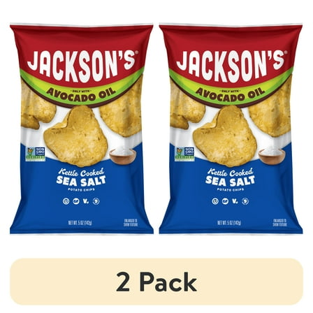 (2 pack) Jackson’s Classic Potato Kettle Chips with Sea Salt, Avocado Oil, Free of Top 9 Allergens, 5 oz
