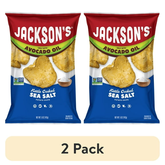 (2 pack) Jackson’s Classic Potato Kettle Chips with Sea Salt, Avocado Oil, Free of Top 9 Allergens, 5 oz