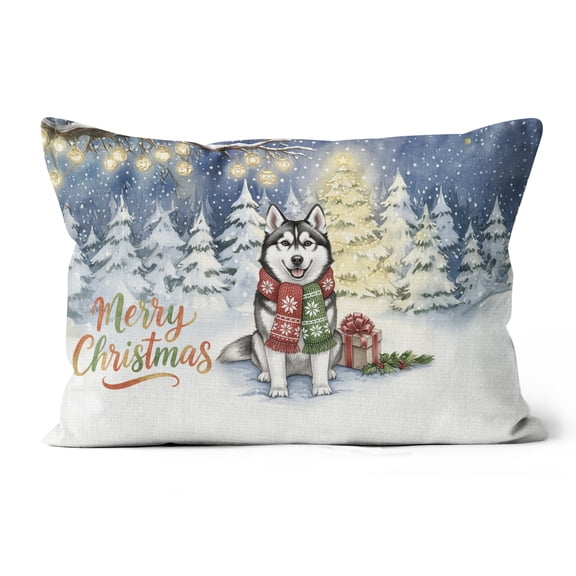 Merry Christmas Siberian Husky Snowy Winter with Gifts Tree Decorations Pillow Cushion Double Sided Husky Dog Lover Gifts Throw Pillow - 12020