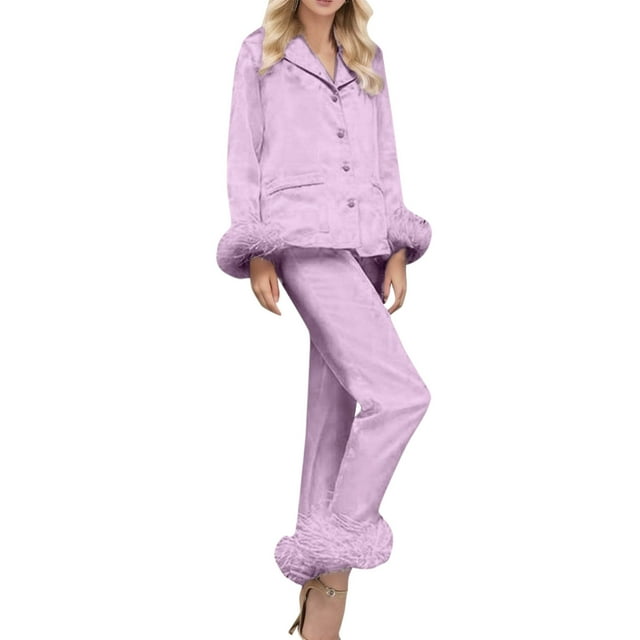 Gibobby Pijama mujerde de algodón Traje de dos piezas Manga larga Color sólido Botón Camis Tops + Pantalones largos 2 piezas Ropa de dormir Trajes de invierno(Morado,CH)
