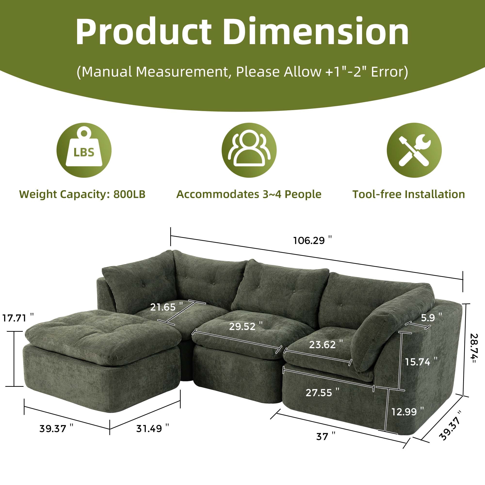 106.29" Sectional Sofa, 3 Seater Modular Sectional Floor Sofa with Ottoman, Chenille Cloud Couch for Living Room, Deep Seat Sofa, Green