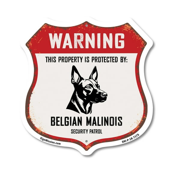 Warning This Property is Protected by Belgian Malinois 12 inch X 12 inch Shield-Shaped Rust-Free Aluminum Metal Sign Weather Resistant Made in the USA