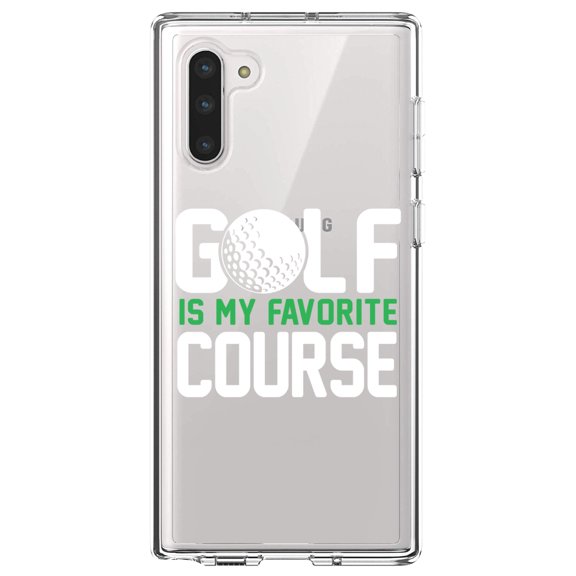 DistinctInk Clear Shockproof Hybrid Case for Samsung Galaxy Note 10 (6.3" Screen) - TPU Bumper Acrylic Back Tempered Glass Screen Protector - Golf Is MY Favorite Course