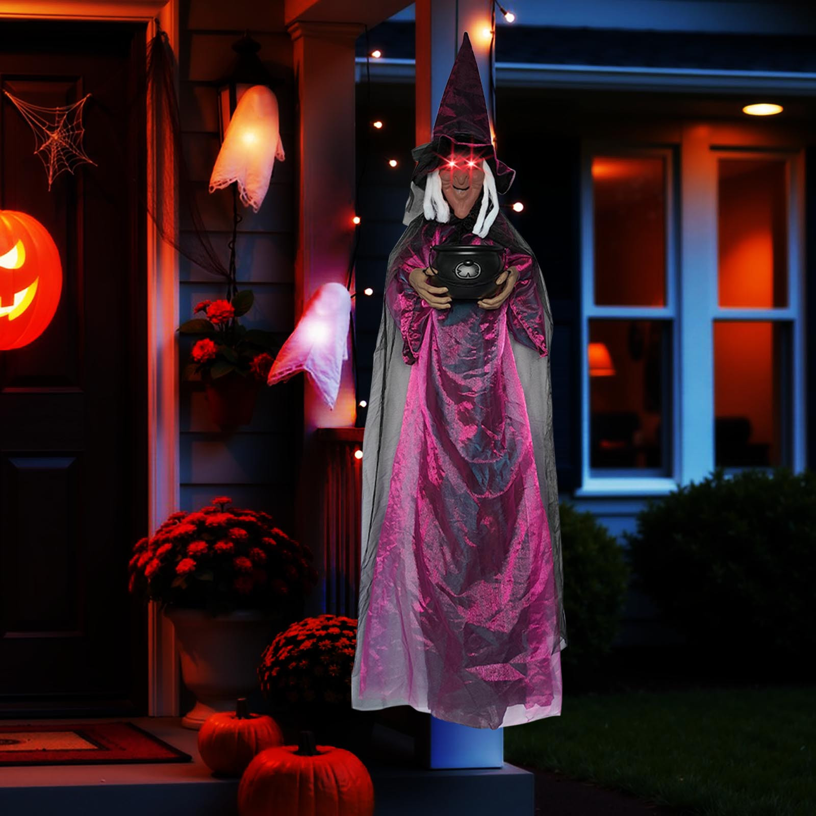 Halloween Animatronics Witch Clearance, Voice Activated Purple Escape Haunt Halloween House Decor & Fright Fest Prop, Life Size Animated Halloween Decoration Outdoor