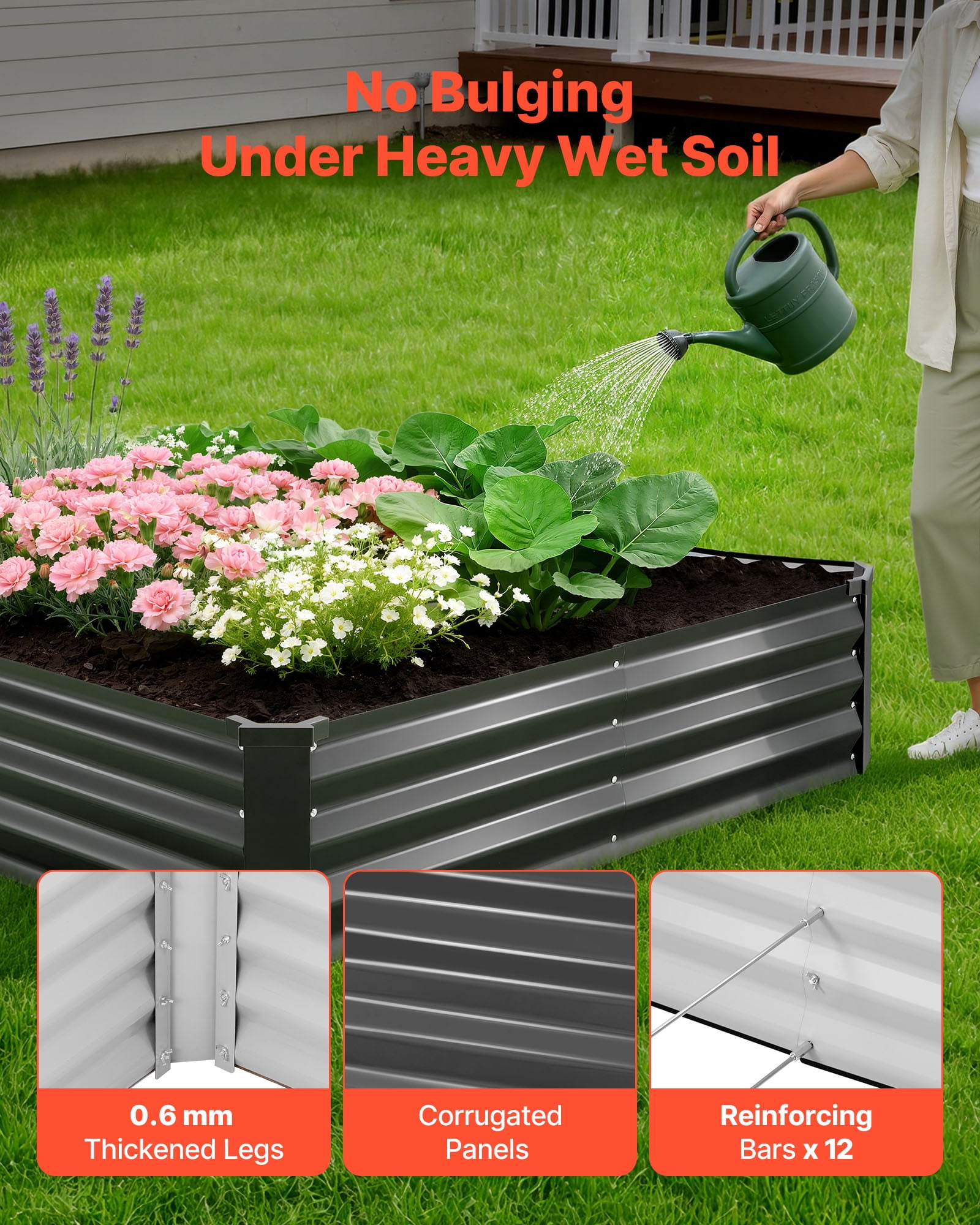 VEVOR 2 Pack Galvanized Raised Garden Beds, 8 x 4 x 1 ft, Rectangular Metal Planter Boxes Kit Outdoor, Bottomless Elevated Planting Box with Gloves, Alu-Zinc, for Growing Flowers Vegetables,Dark Gray