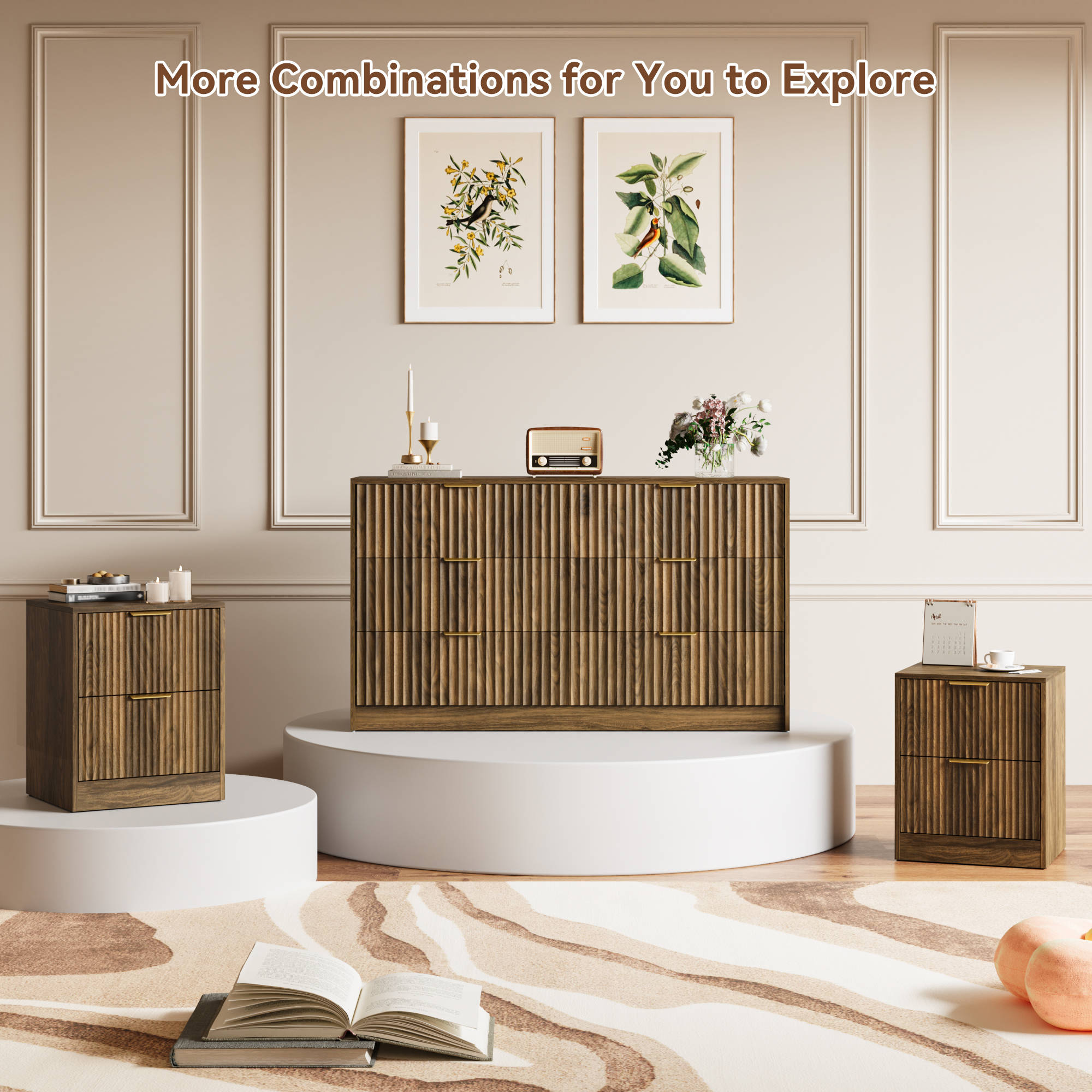 YouTrend 6 Drawer Dresser for Bedroom,55.1"Width Fluted Wood Chest of Drawer with Golden Embedded Handles for Living Room,Brown