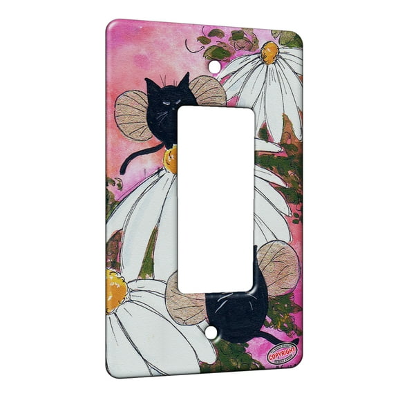 KuzmarK™ 1 Gang Rocker Wall Plate - Chubby Black Kitty Fairies with Shasta Daisies Abstract Cat Art by Denise Every