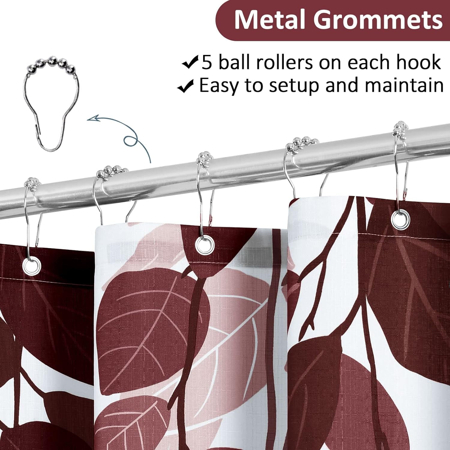 Dark Red Leaves Shower Curtain Set Burgundy Red Watercolor Eucalyptus Shower Curtain for Bathroom Botanical Nature Floral Plant Shower Bath Curtain Natural Bathroom Decor 72x72 inch