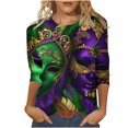 thumbnail image 2 of Cavosen Carnival Day Tops for Women 3/4 Sleeve Round Neck Shirts Holiday Mardi Gras Tops Mask Graphic Print Shirts Festival Stylish Blouse Loose Athletic T-Shirts Party Shrove Tuesday XL, 2 of 5