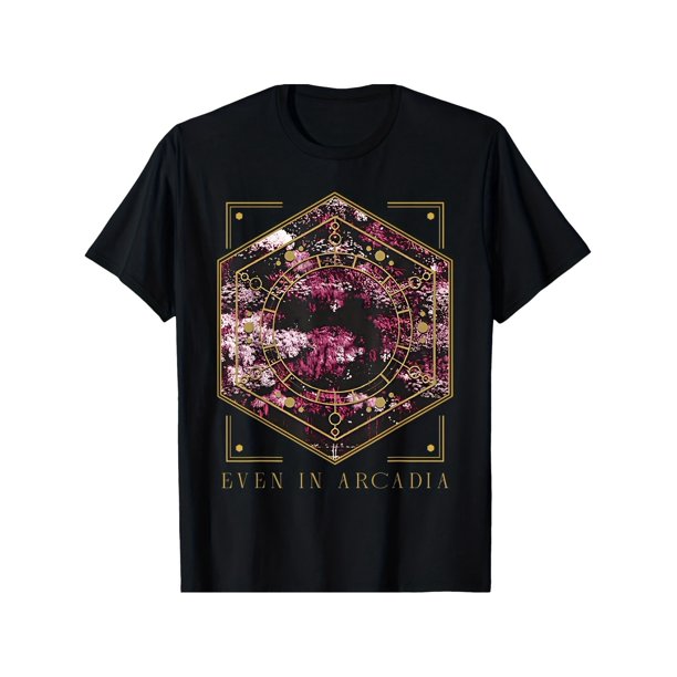 Retro Vintage arcadia Graphic T-Shirt for Men & Women - Black Hexagonal Floral Print with Golden Geometric Patterns, Short Sleeve Round Neck Casual Tee, Machine Washable unisex Top