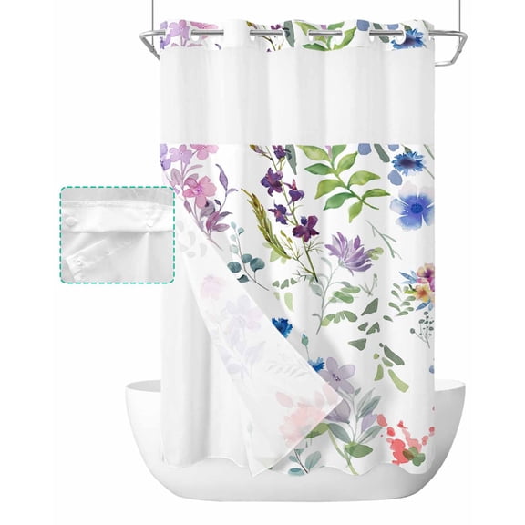 No Hook Shower Curtain with Snap in Liner, Plant Colorful Floral Watercolor Linen Texture Illustration Shower Curtains for Bathroom, Washable Shower Curtain Liner Set with Mesh Top Window, 36"x72"