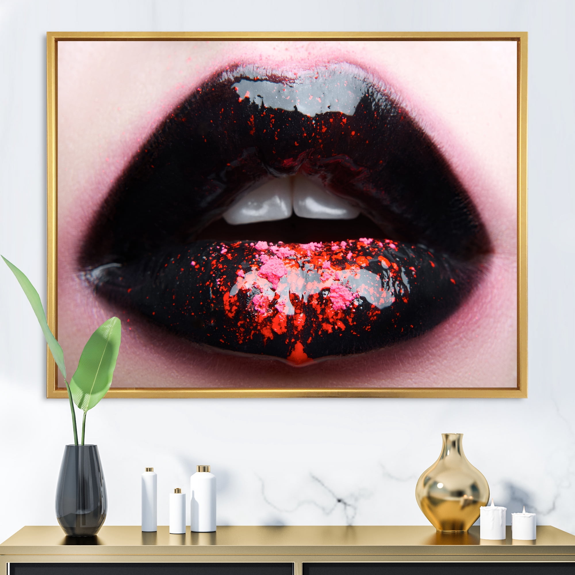 Designart 'Plump Woman Lips With Pink and Black' Modern Framed Canvas Wall Art Print
