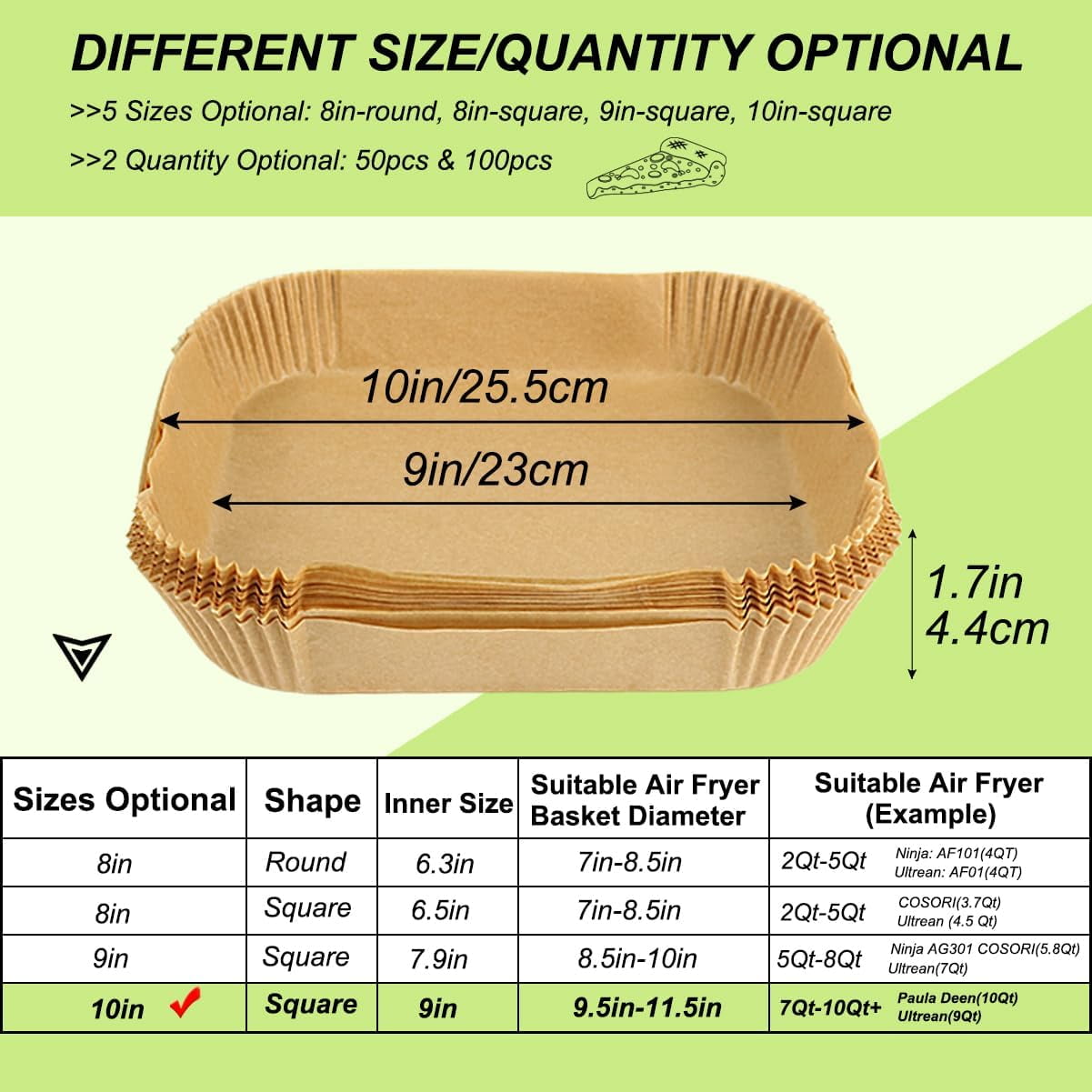 Large Air Fryer Liners, Set of 100, 10 Inch Square Air Fryer Liners, XL Airfryer Disposable Paper Liner, Compatible with Corsori, Ninja, Gourmia Airfryer and More