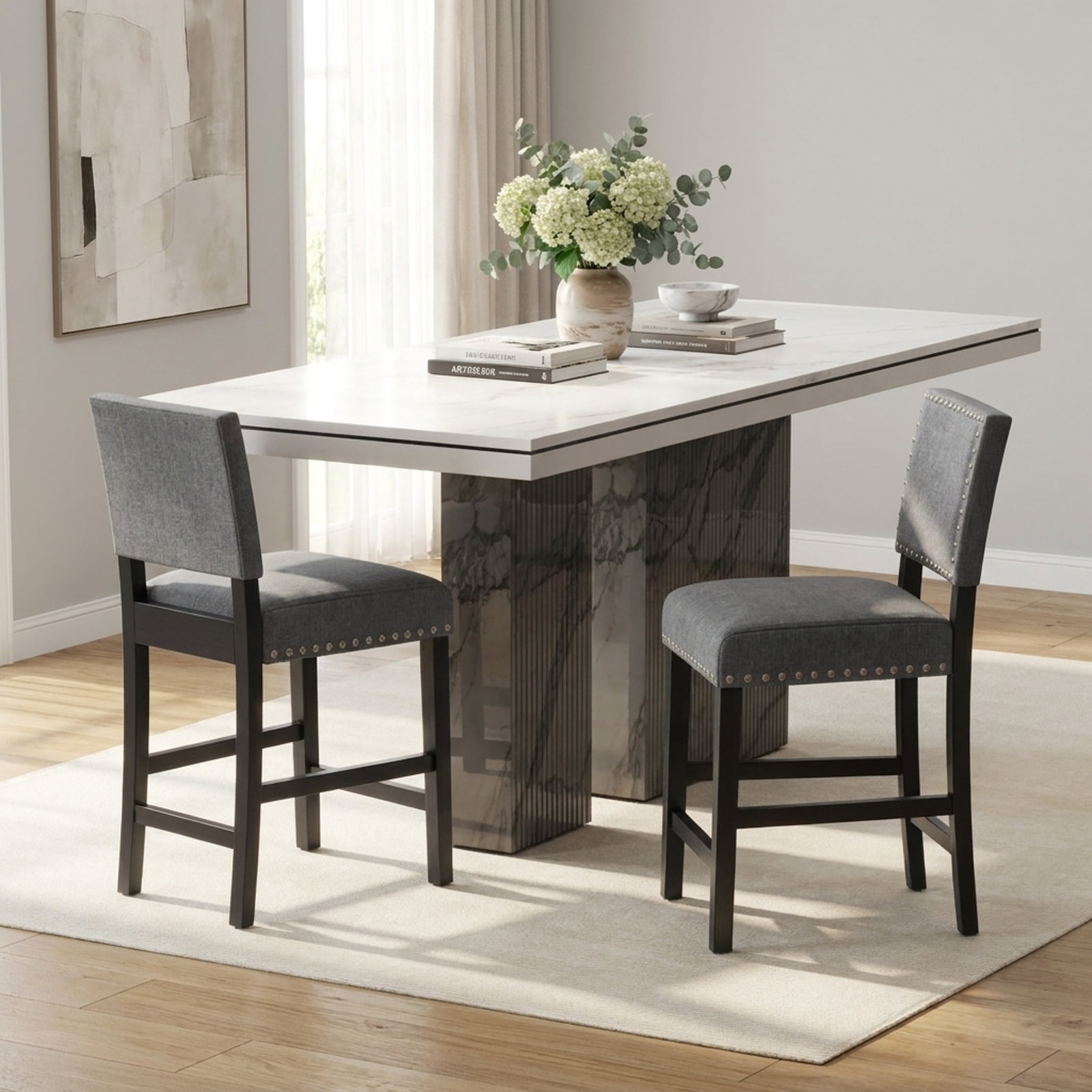 Furnibear 38.5/43.5 Inch Set of 2 Counter Height Chairs with Solid Rubber Wood Frame-S for Kitchen Dining Room Living Room Home, Gray