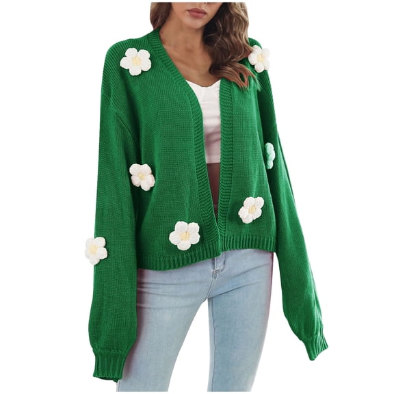 HBYJLZYG Sweater Knitted Open Front Cardigans Sweatshirt Coat, Women Winter Heavy Three-Dimensional Embroidery Flower Lantern Sleeve Loose Tops Coat