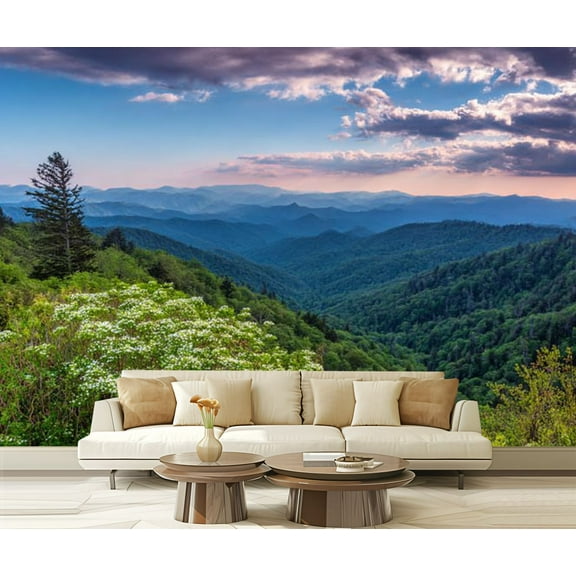 Peel and Stick Wallpaper Waterproof Blue Ridge spring flower sunset Wall Mural Decor Self Adhesive and Removable 69in x 98in