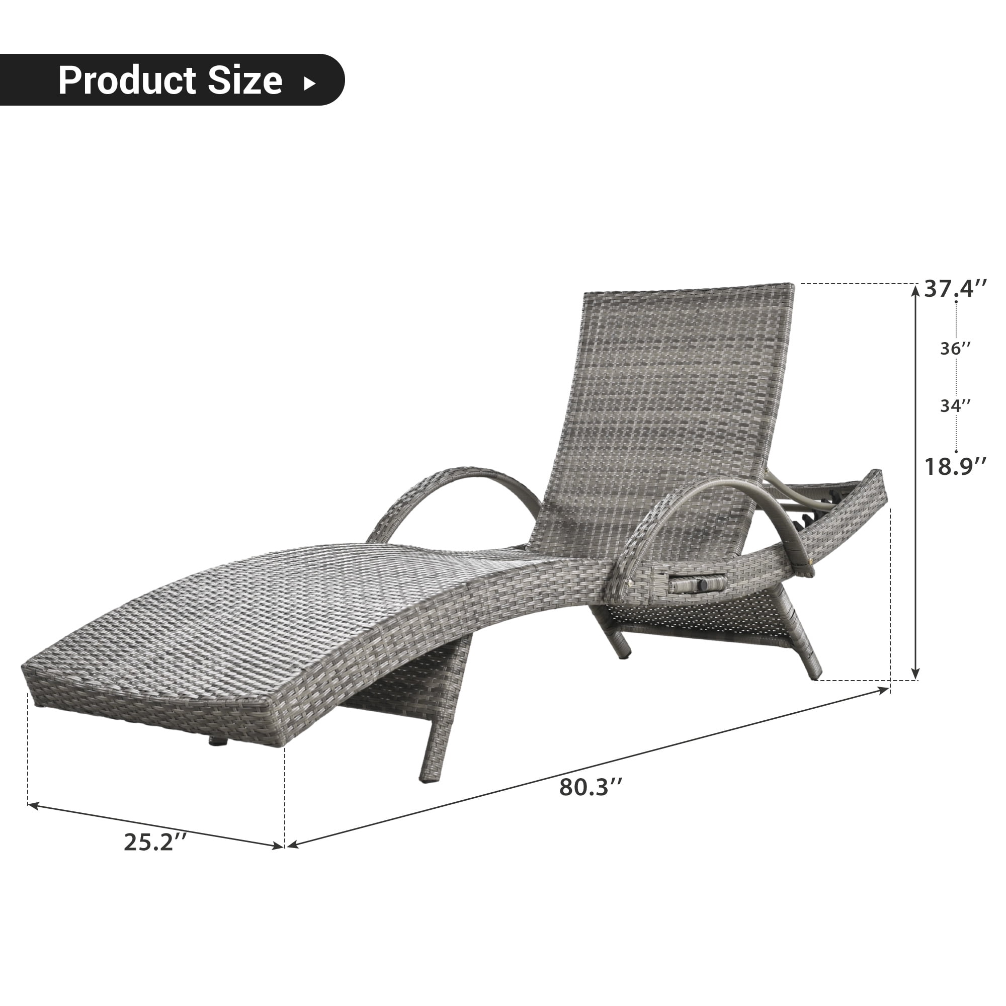 2 Pack Outdoor Wicker Reclining Lounge Chair, 5 Position Adjustable Backrest Pool Side Patio Lounger with Pull Out Side Table, Grey