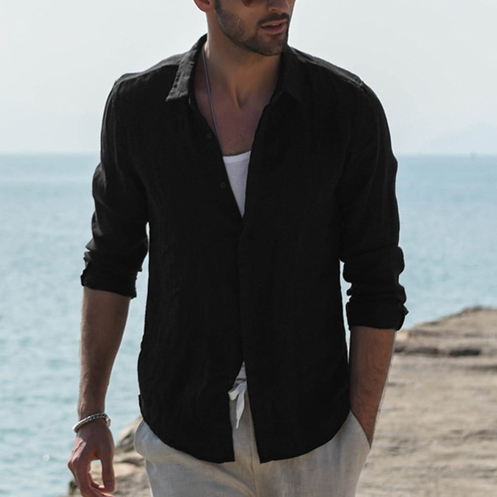 Mens Long Sleeve Casual Cotton Linen 
