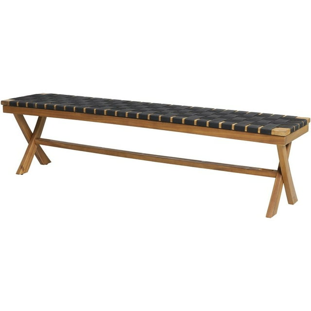 Noble House Mallett Outdoor Acacia Wood Bench with Rope Seating Black and Teak