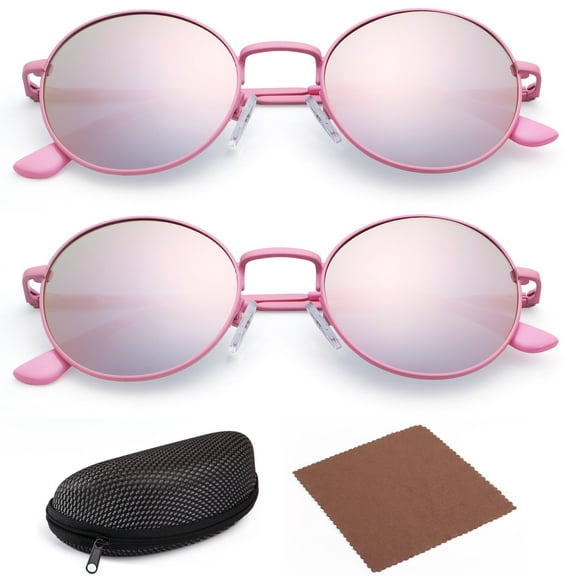 LotFancy 2 Round Sunglasses for Unisex Child Kids Girls Boys, Pink
