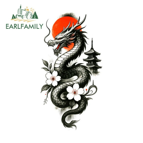 EARLFAMILY 5.1" Dragon with Flower Car Stickers Japanese Cooler Waterproof Campervan Skateboard Computer Decal Occlusion Scratch Car Accessories