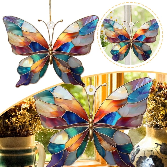 Stained Glass Butterfly Ornament Acrylic Colorful Suncatcher Window Hanging Spring Garden Decor