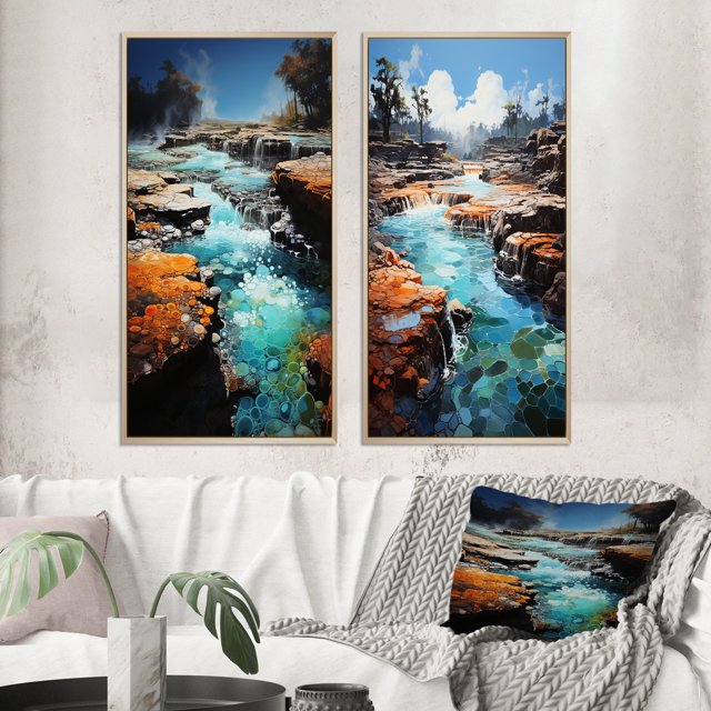 Designart "Geyser Collage Azur en Éruption II" Art Mural Encadré Ensemble de 2 - Paysages Turquoise Art Mural Encadré Ensemble de 2