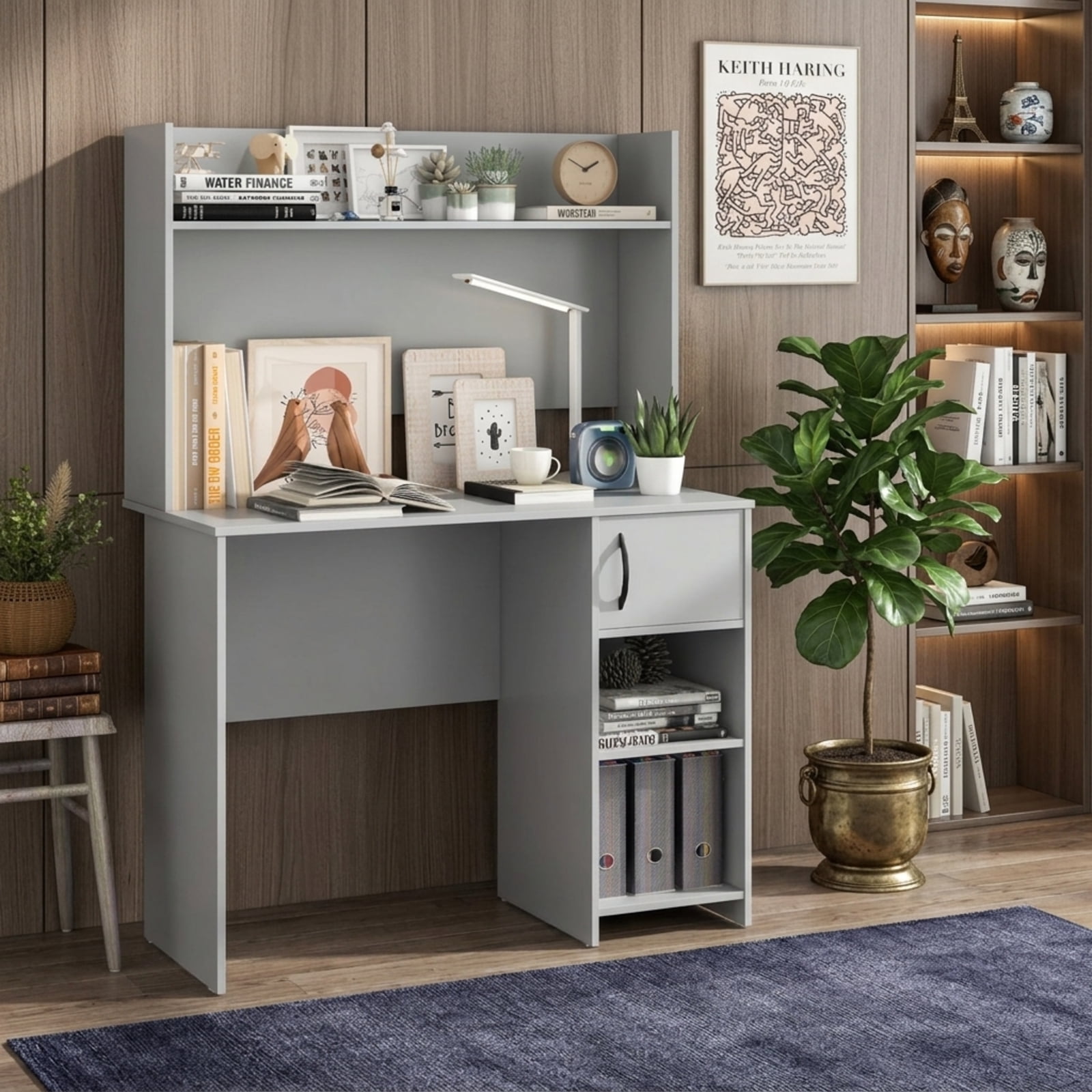 Furnibear Home Office Desk with Raised Display Shelf, Computer Desk with 2 Open Shelves and Cable Holes for Study and Bedroom, Gray