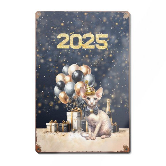 Happy New Year Sphynx Welcome 2025 Balloon Firework Party Vertical Metal Aluminum Sign Cat Lover Kitten Owner Gifts Idea Wall Art Home Decor - 01014